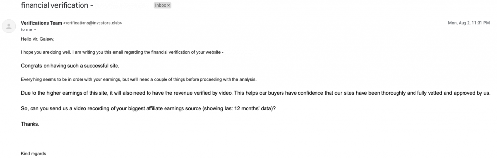 Example of unprofessional email from Investor's Club team
