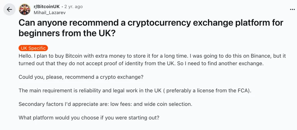 example of ranking thread for "best crypto exchange in UK" keyword in Google