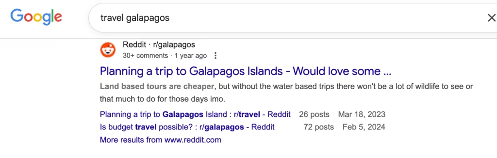 how it ranks for 'travel to Galapagos' in google 